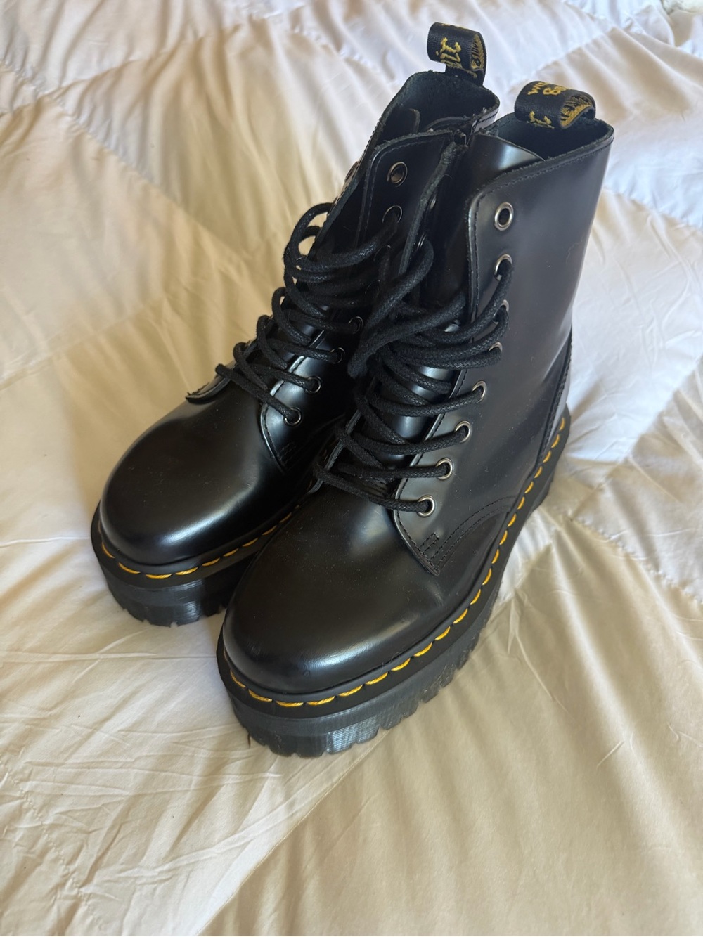 NWOT | Dr. Martens Jadon Black Platform Lace-Up Boots with Yellow Stitching
